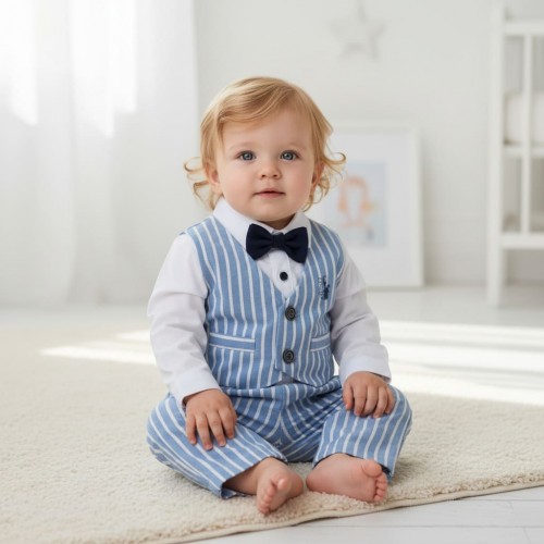 Compleu elegant iDO băiețel din poplin de bumbac, cu vestă și pantaloni cu dungi și papion, 4.6105PV23BL